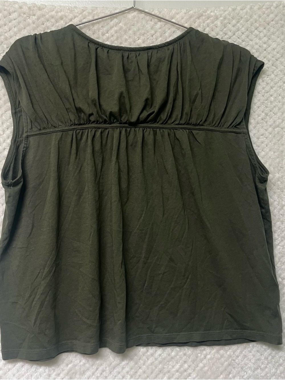 LOFT Shirred Tie Neck Top Green Cotton Blend Boho Chic V-neck Womens Large - Picture 7 of 12